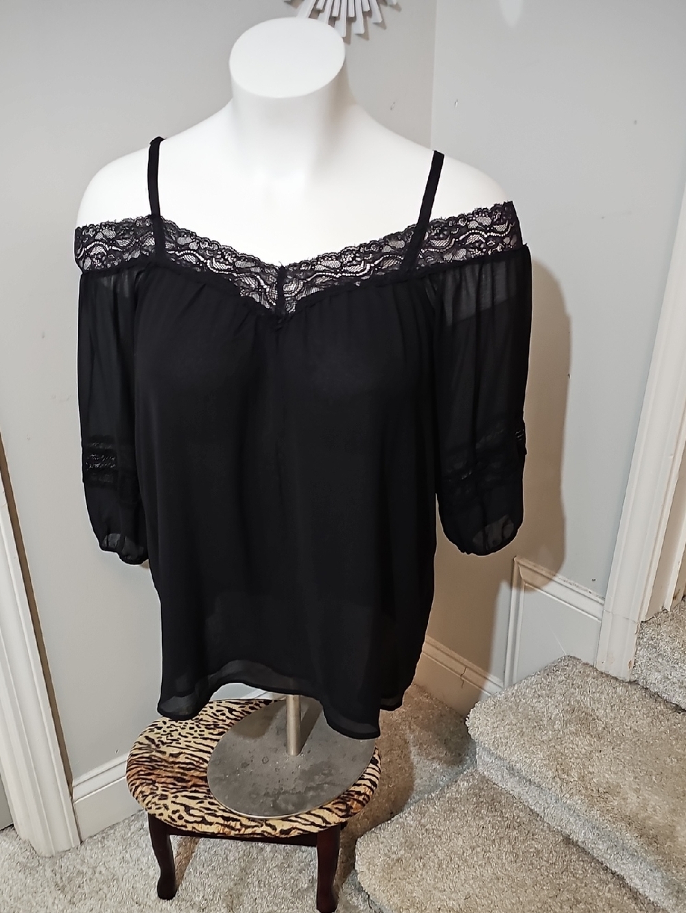 Off-Shoulder Black Lace-Trim Women's Blouse
